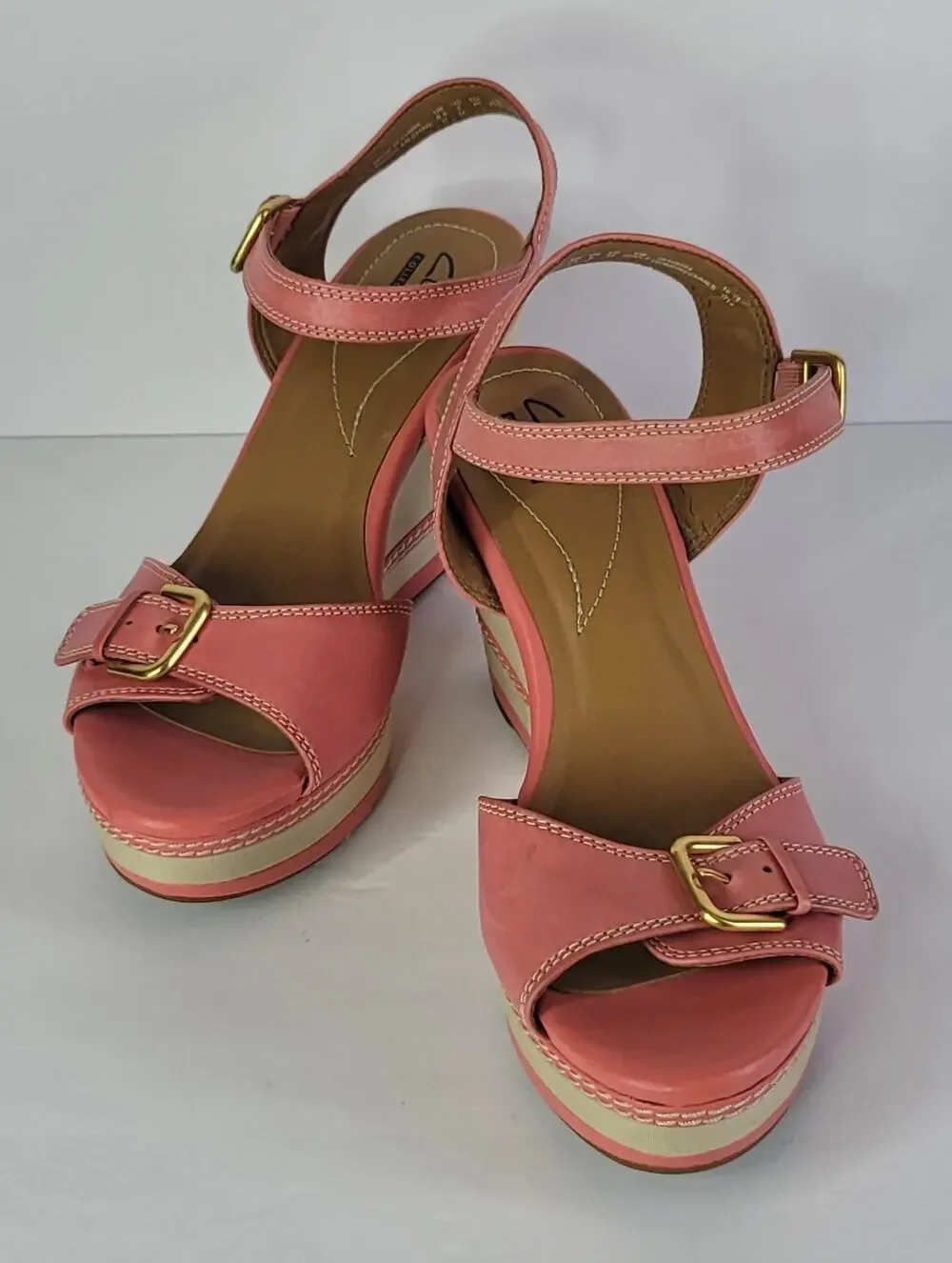 CLARKS Coral-Pink Zia Wedges Sandals with Gold Tone Buckle Women's Size 9M